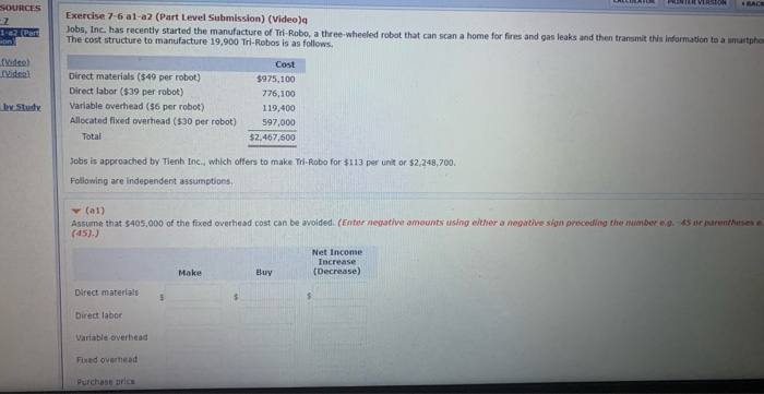 Please help SOURCES BACK Exercise 7-6 a1-a2 (Part Level Submission) (Video) Jobs,