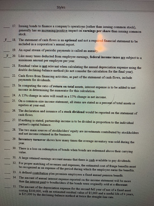 or statement is true or false. F F 1. The manner of