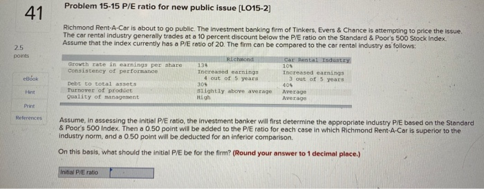  Problem 15-15 P/E ratio for new public issue [LO15-2] 41 2.5