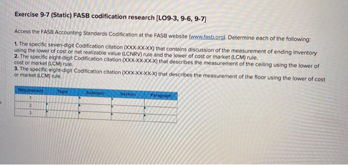  Exercise 9-7 (Static) FASB codification research (LO9-3, 9-6, 9-7) Access the