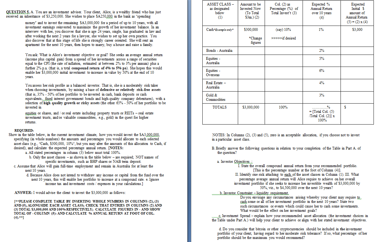 ASSET CLASS - as designated below (1) Amount to be Invested