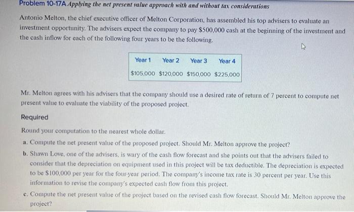  Problem 10-17A Appling the net present value approach with and without