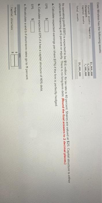  Date Wireless has the following assets Current assets: Temporary Permanent Capital