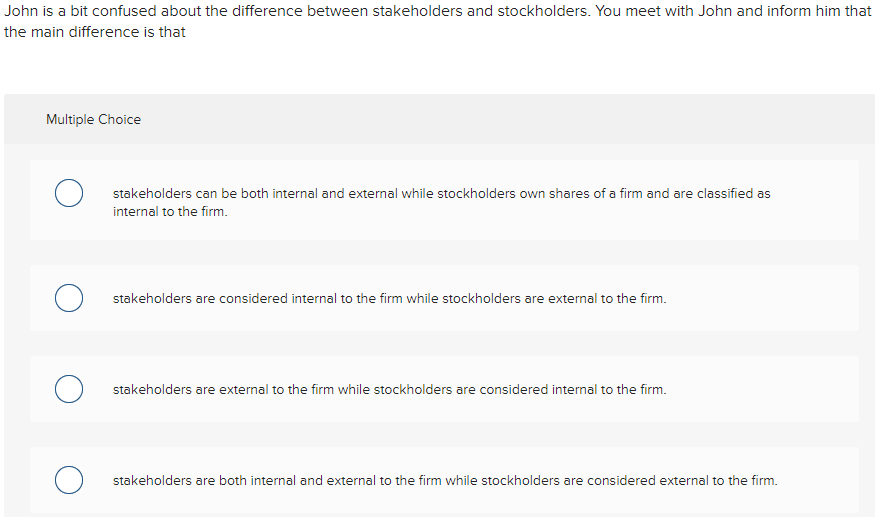 John is a bit confused about the difference between stakeholders and