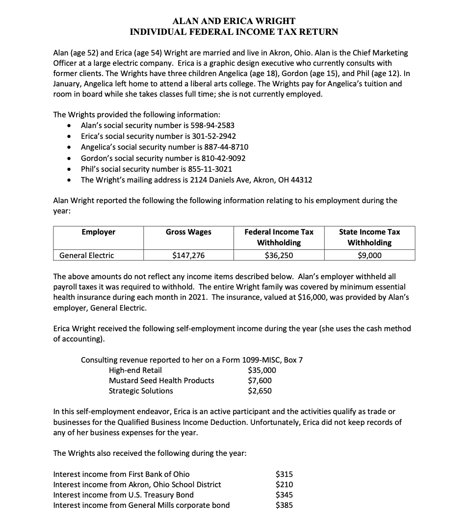 Request: 2021 tax return work paper ALAN AND ERICA WRIGHT INDIVIDUAL