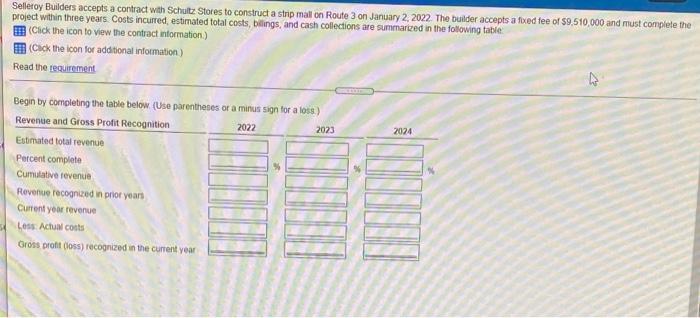  Selleroy Builders accepts a contract with Schultz Stores to construct a