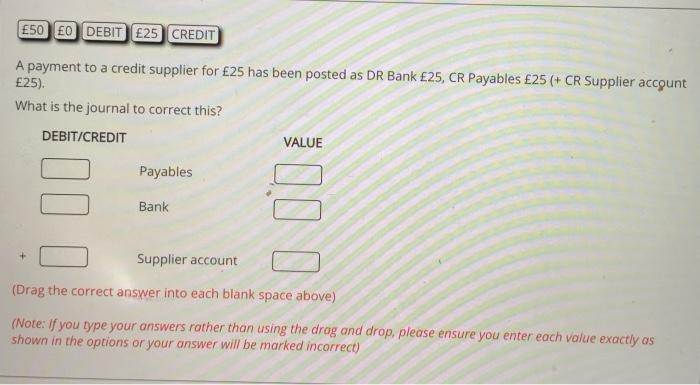  E50 EO DEBIT E25 CREDIT A payment to a credit supplier