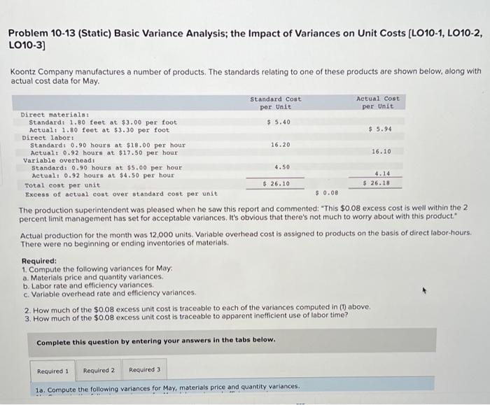  Problem 10-13 (Static) Basic Variance Analysis; the Impact of Variances on
