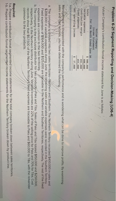  Problem 6-21 Segment Reporting and Decision-Making (L06-4) Vulcan Company's contribution format
