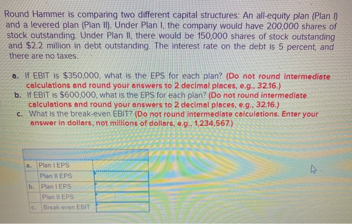  Round Hammer is comparing two different capital structures: An all-equity plan