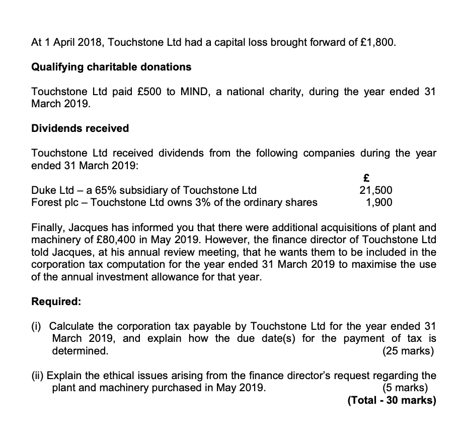  Can someone do part (i) please At 1 April 2018, Touchstone