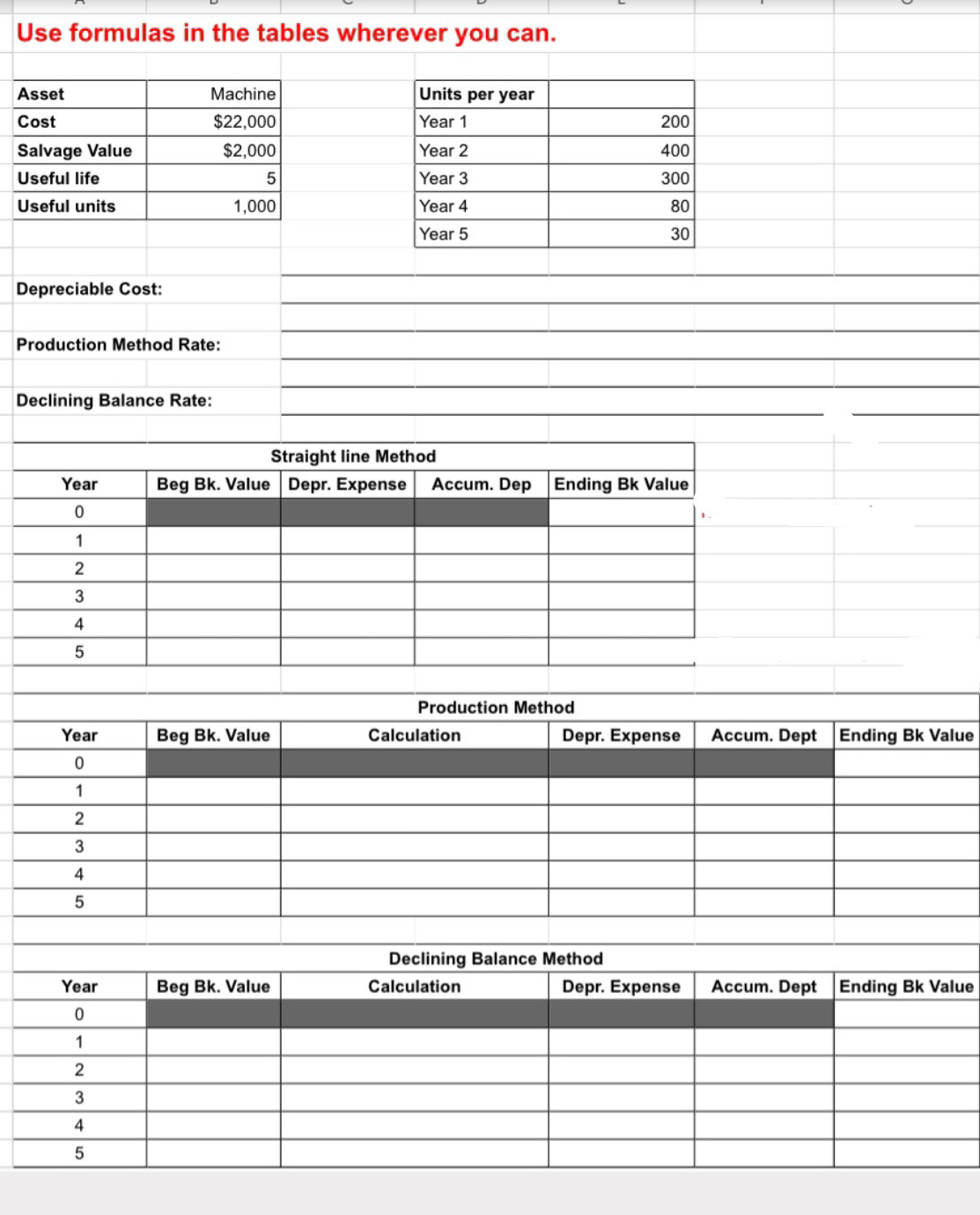  Use formulas in the tables wherever you can. \table[[Asset,Machine],[Cost,$22,000 