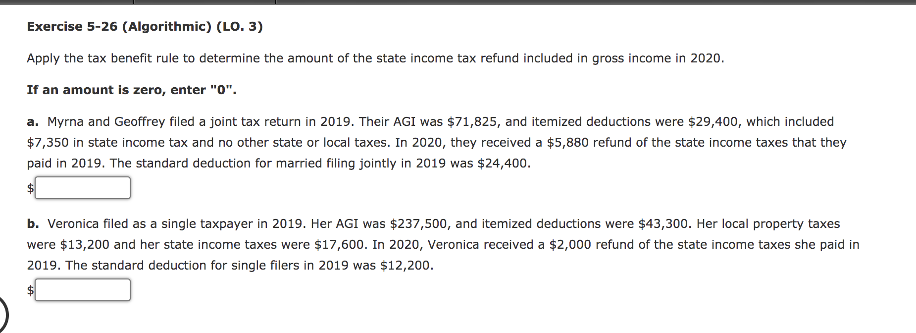  Exercise 5-26 (Algorithmic) (LO. 3) Apply the tax benefit rule to