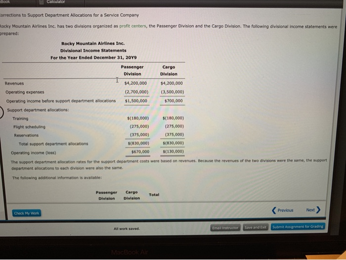  BOOK Calculator brrections to Support Department Allocations for a Service Company