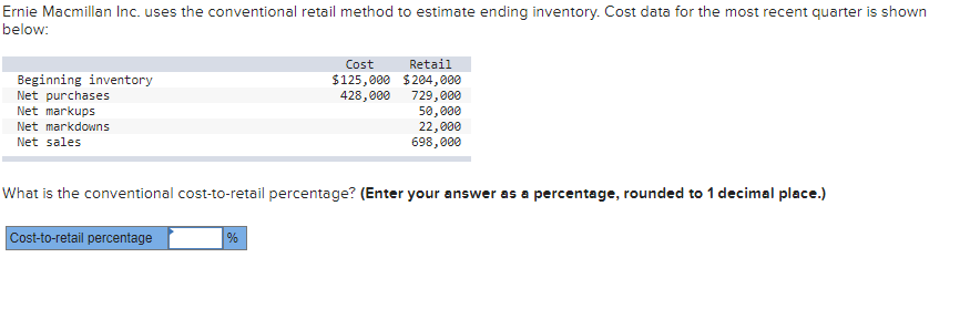  Ernie Macmillan Inc. uses the conventional retail method to estimate ending