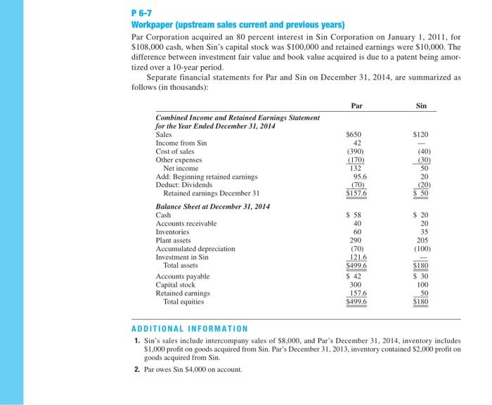  P 6-7 Workpaper (upstream sales current and previous years) Par Corporation
