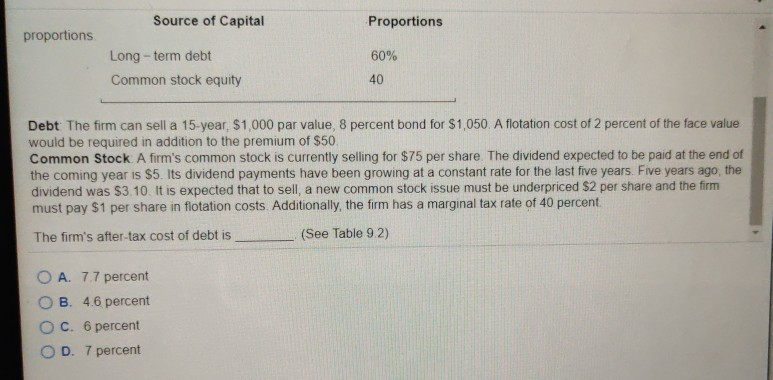 composed of the following sources and target market value proportions. A firm