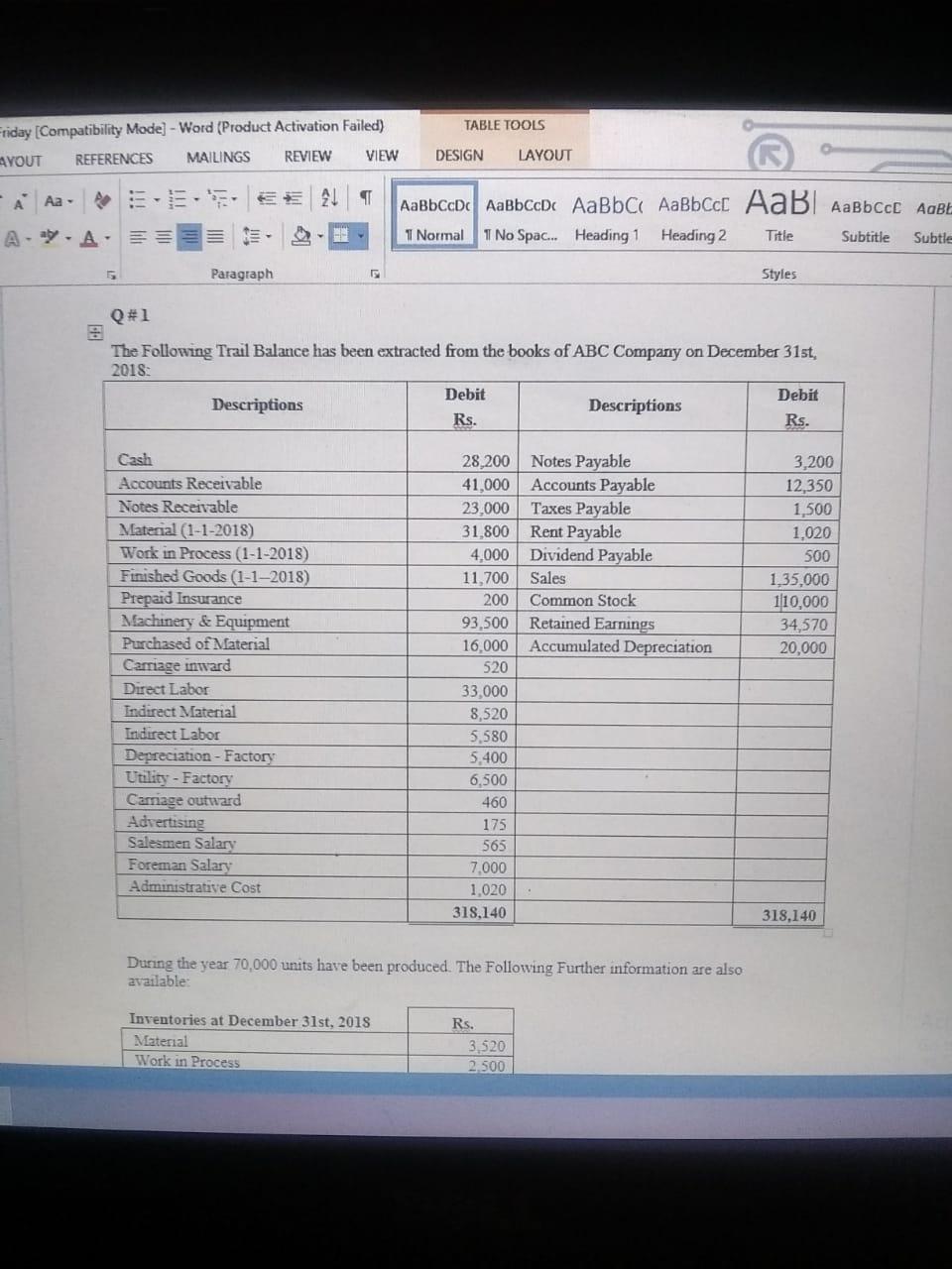  TABLE TOOLS Friday (Compatibility Mode] - Word (Product Activation Failed) AYOUT
