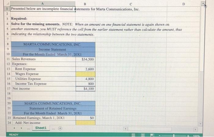  > B C D 1 Presented below are incomplete financial statements