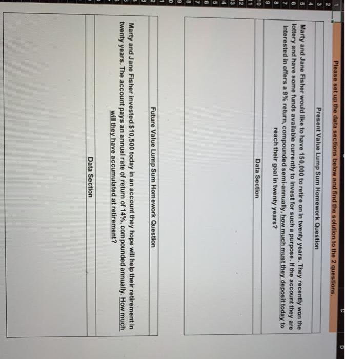  help me donit on excel Please set up the data sections