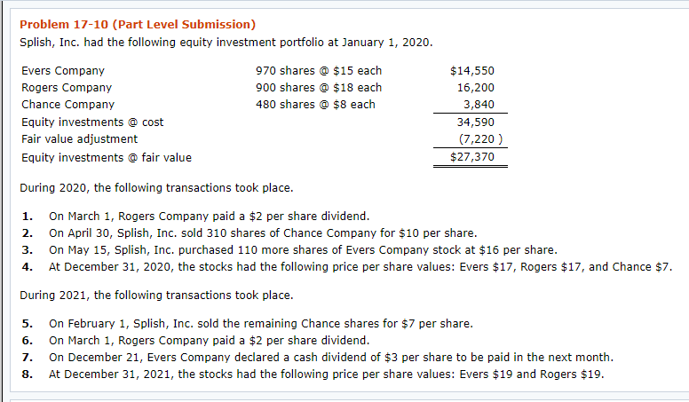 Please solve (b) Problem 17-10 (Part Level Submission) Splish, Inc. had the
