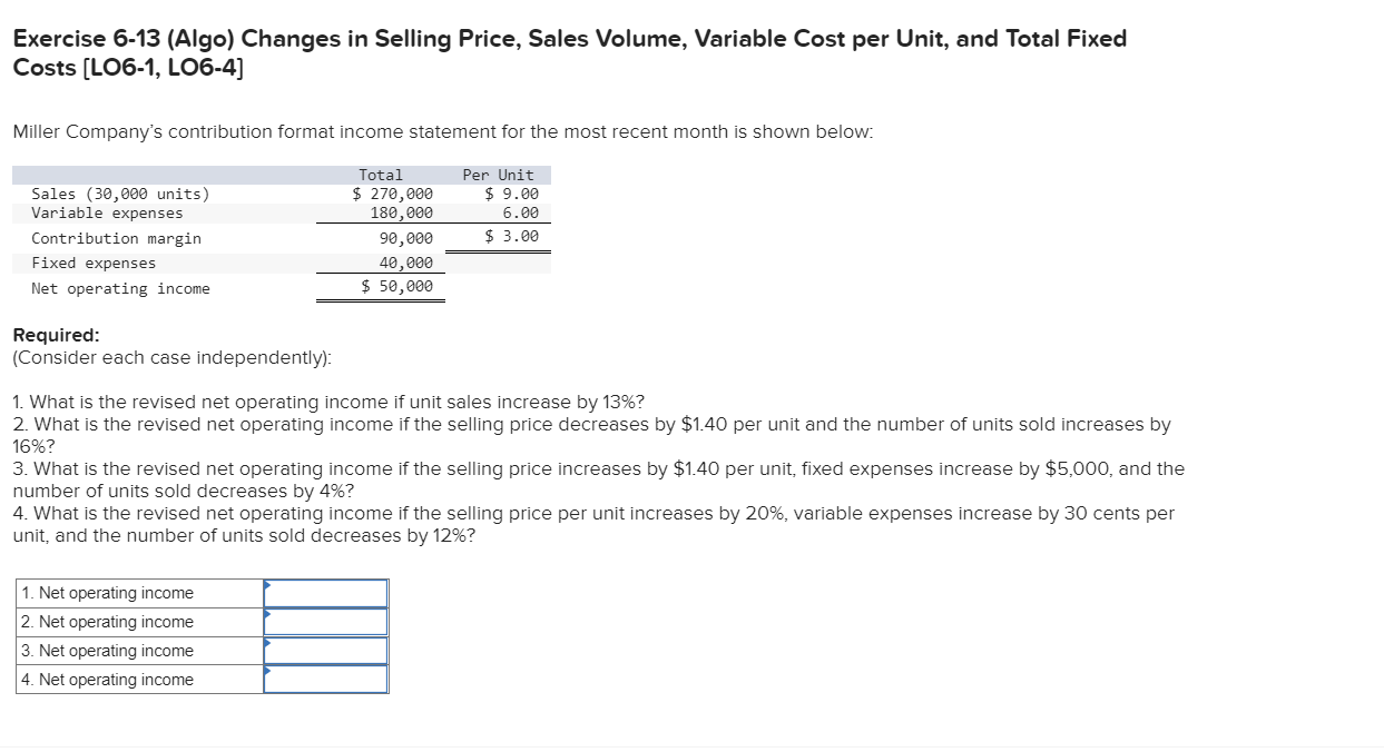  Exercise 6-13 (Algo) Changes in Selling Price, Sales Volume, Variable Cost