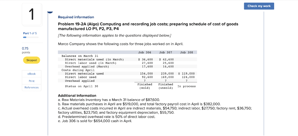  Check my work 1 Required information Problem 19-2A (Algo) Computing and