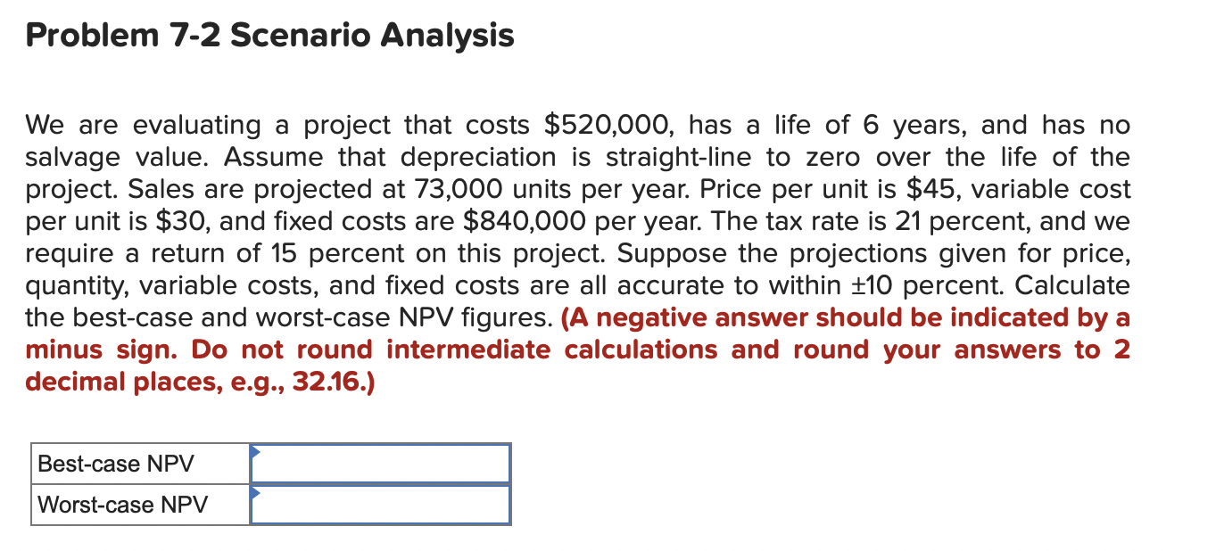  Problem 7-2 Scenario Analysis having a lot of trouble pls help.