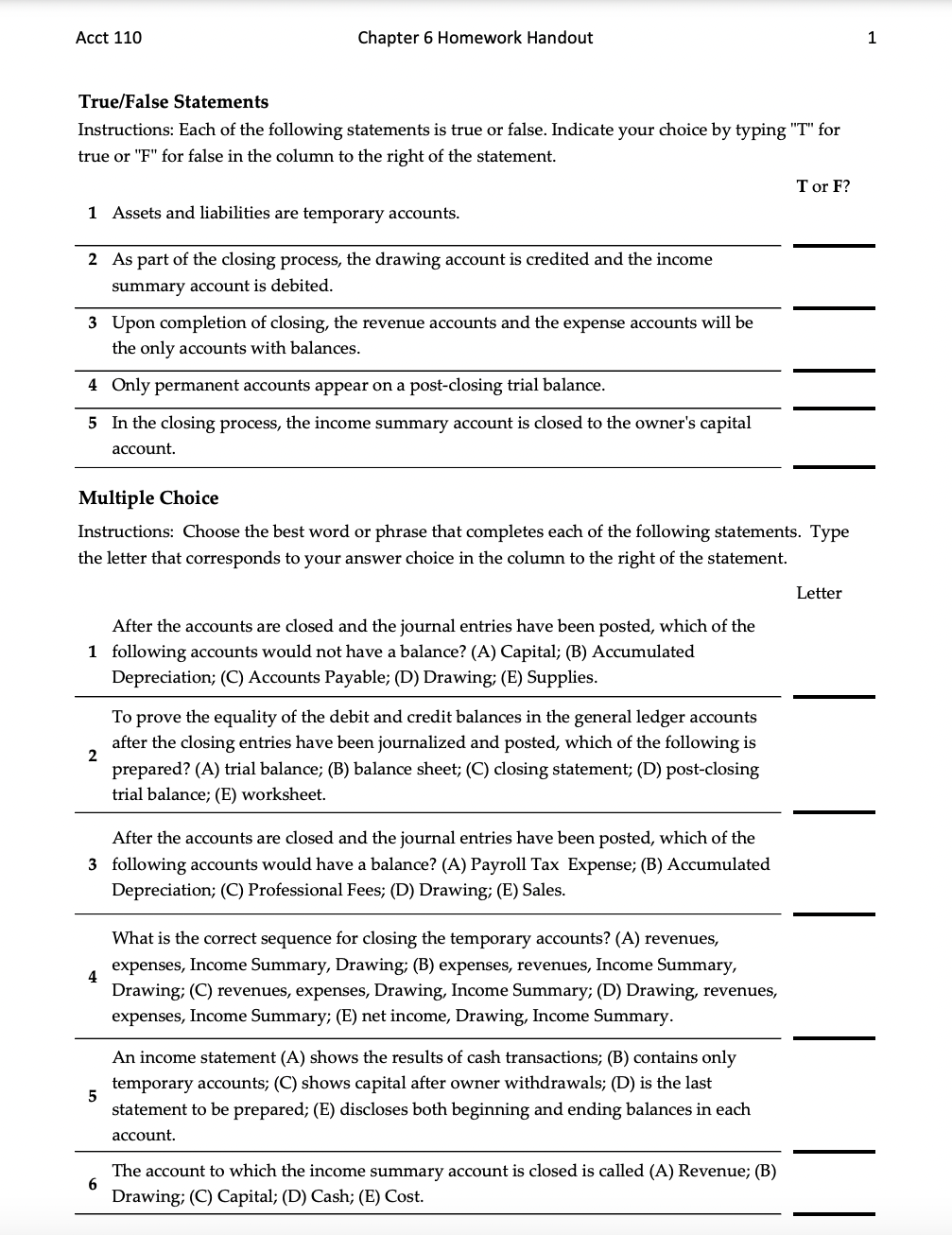 Acct 110 Chapter 6 Homework Handout 1 True/False Statements Instructions: Each