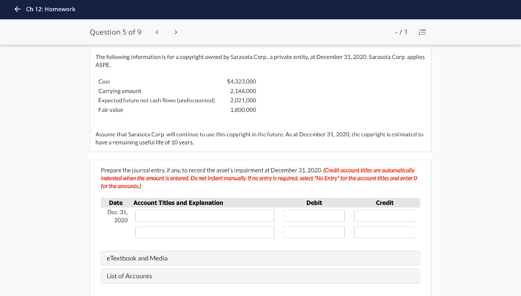  + Ch 12: Homework Question 5 of 9 - / 1