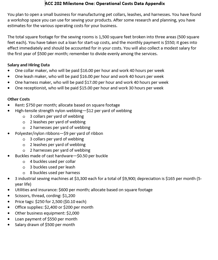 I need help verifying my work. ACC 202 Milestone One: Operational Costs