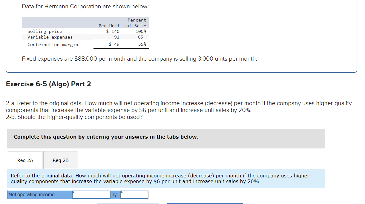  Data for Hermann Corporation are shown below: Selling price Variable expenses