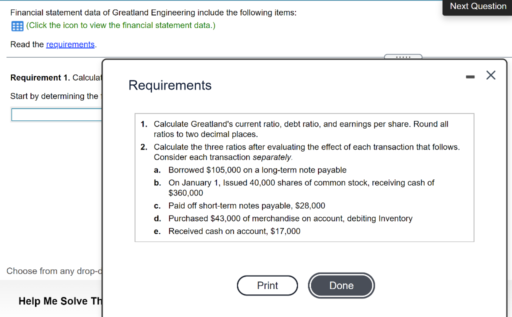  Next Question Financial statement data of Greatland Engineering include the following