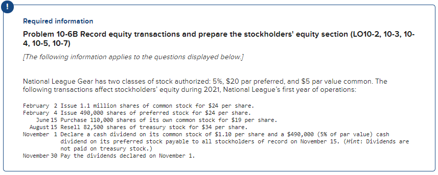 Required information Problem 10-6B Record equity transactions and prepare the stockholders'