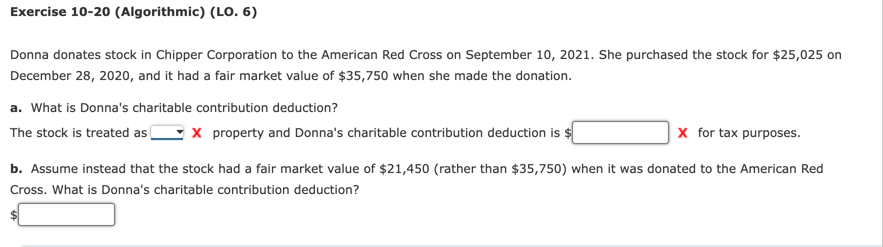  Exercise 10-20 (Algorithmic) (LO. 6) Donna donates stock in Chipper Corporation