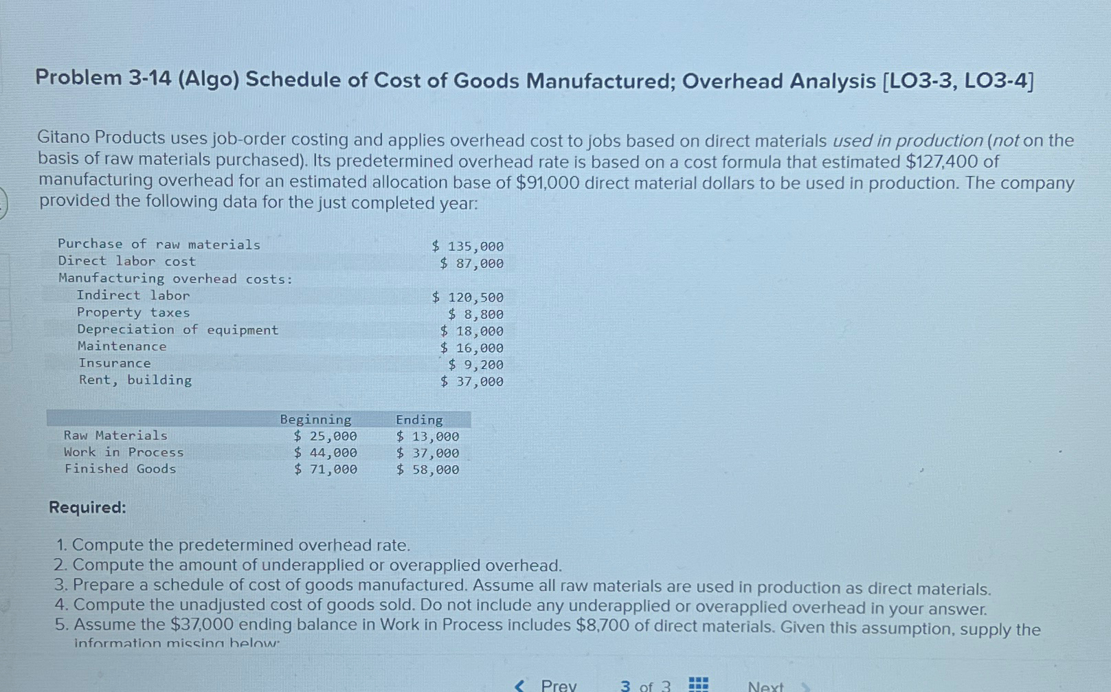 Problem 3-14(Algo) Schedule of Cost of Goods Manufactured; Overhead Analysis [LO3-3,