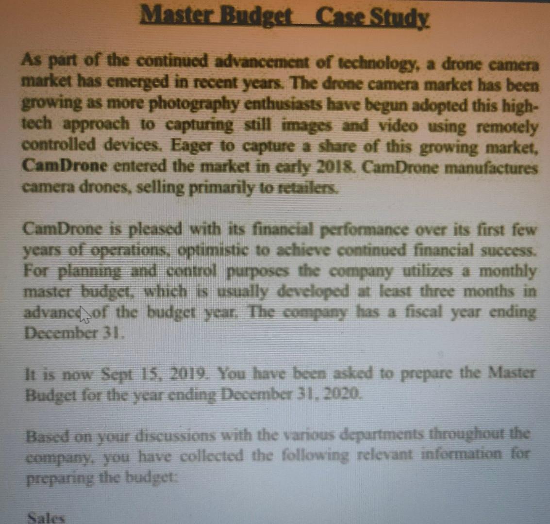  answer this asap Master Budget Case Study As part of the