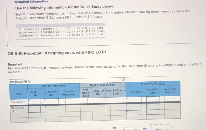  Required information Use the following information for the Quick Study below.