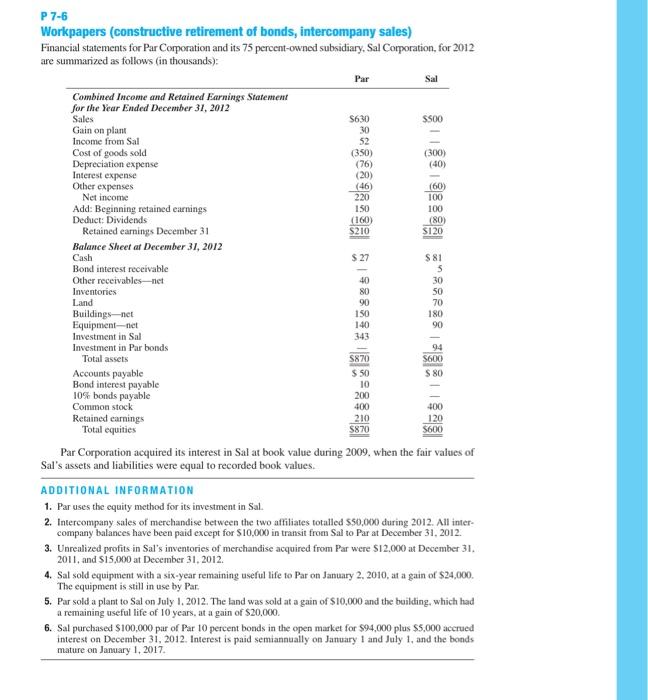  Sal 30 (40) 100 150 5 P 7-6 Workpapers (constructive retirement