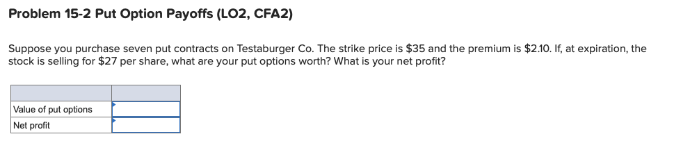 Problem 15-2 Put Option Payoffs (LO2, CFA2) Suppose you purchase seven