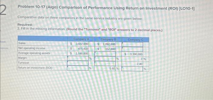  Problem 10-17 (Algo) Comparlson of Performance Using Return on Investment (ROI)