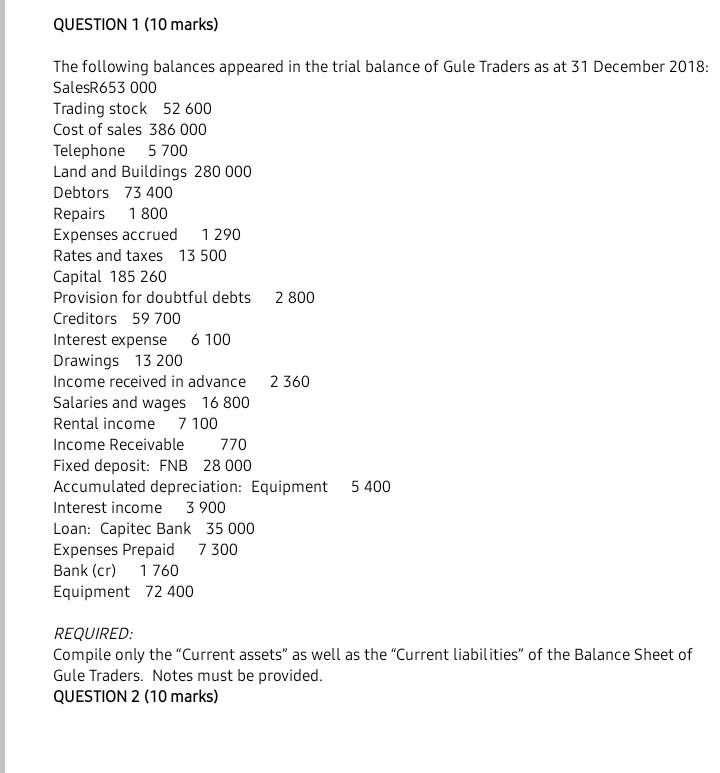 pls help QUESTION 1 (10 marks) The following balances appeared in