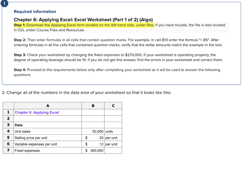 Required information Skip to question Chapter 6: Applying Excel: Excel Worksheet (Part