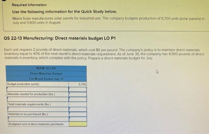  Required information Use the following information for the Quick Study below.