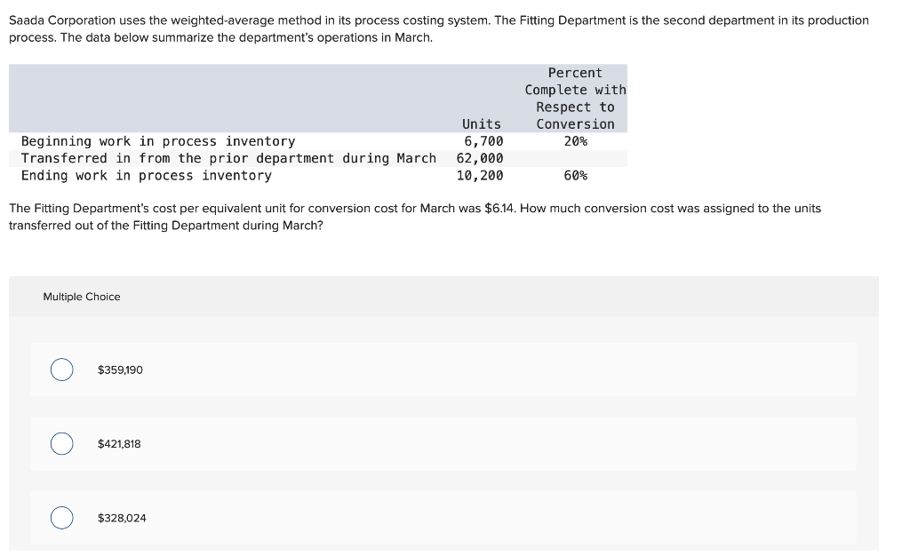 Saada Corporation uses the weighted average method in its process costing