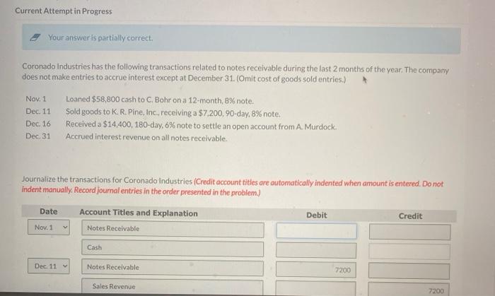  Current Attempt in Progress Your answer is partially correct Coronado Industries