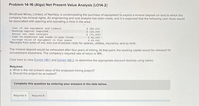  Problem 14-16 (Algo) Net Present Value Analysis (L014-2] $ 69,000 Windhoek