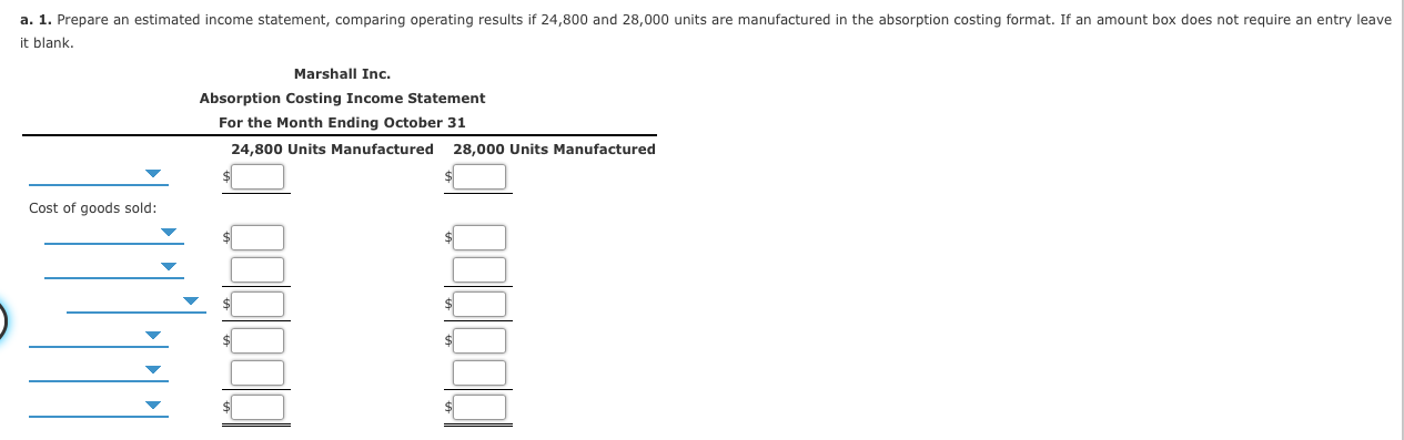first month of operations ending October 31, Marshall Inc. estimated the following