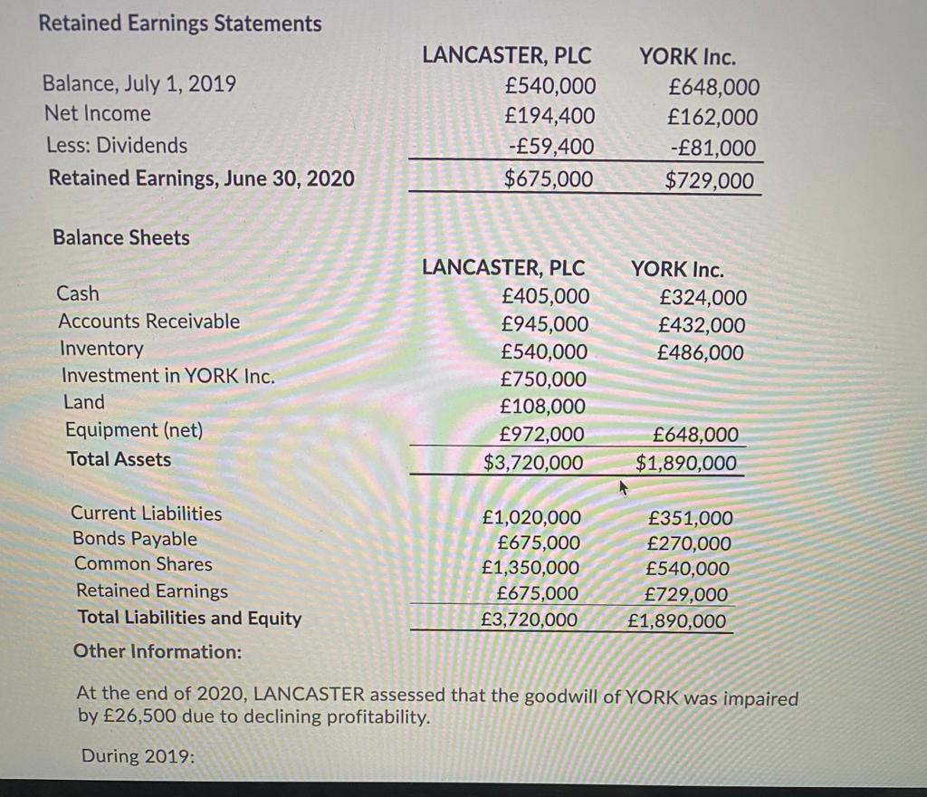 LANCASTER PLC purchased 75% of the voting shares of YORK Inc for