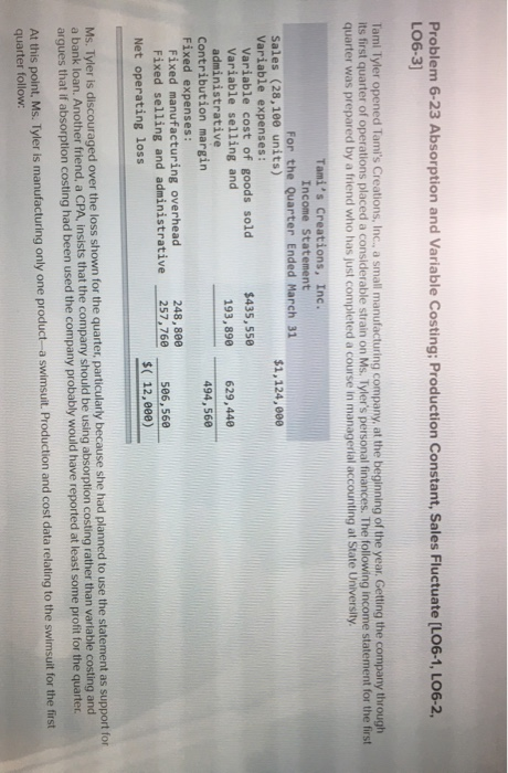  Problem 6-23 Absorption and Variable Costing; Production Constant, Sales Fluctuate (LO6-1,